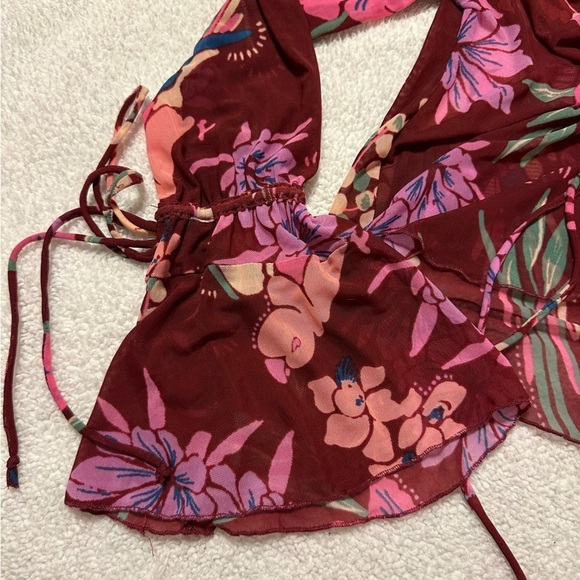 Free People Red Floral Print of Paradise Mesh Tie Front Crop Top Bell Sleeve - Picture 11 of 12